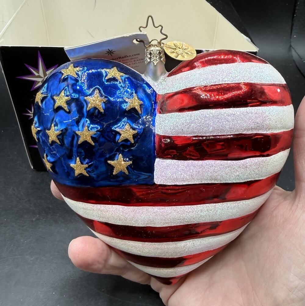 Vintage Christopher RADKO Brave Heart Patriotic Blown Glass Ornament 55D/2